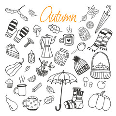 Vector set of autumn cozy things. Umbrella, pot, apple, gloves, coffee, tea, cup. 