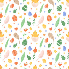 Cute Easter seamless pattern on white background. Design element.