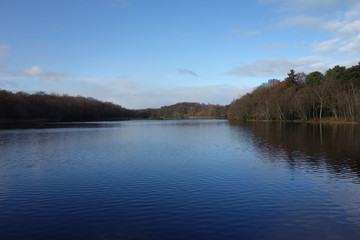 Blue lake with trees reflecting on it and a blue sky