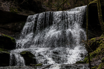 Little waterfall down the canyon in the middle of the green forest