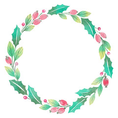 Watercolor spring green wreath of twigs, barberry berries and leaves, copy space, greetings card, isolated on white