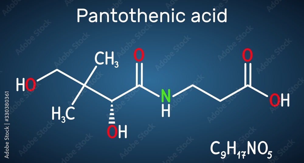 Sticker Pantothenic acid, vitamin B5, pantothenate molecule. Structural chemical formula on the dark blue background. Vector illustration