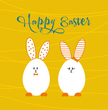 Vector image of hand drawn cute Easter bunnies and text. Eps 10.