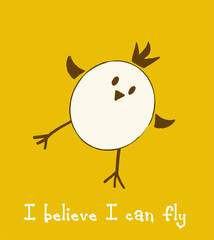 Vector hand drawn image of brave chicken, who believe can fly. Image about hard first step in cartoon style.  