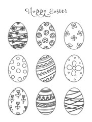 Vector outline hand drawn set of Easter eggs.