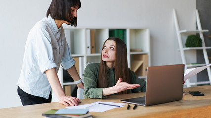 Two pretty businesswomen having a meeting in office