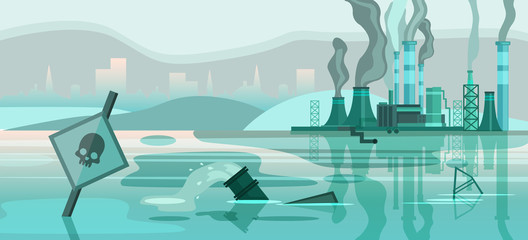 Environmental pollution banner with big factory,cityscape, polluted river, pipes, barrel, skull signboard. Grey smog over the buildings. Ecological problem concept in grey colors. Horizontal landscape
