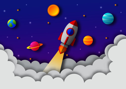 space night sky. moon, stars, rocket and clouds in midnight. paper art style. vector Illustration.