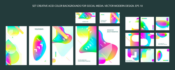 Collage set creative acid vibrant vibrant color backgrounds for social media. Abstract multicolored rainbow elements on white background. Stock Vector design. Eps 10