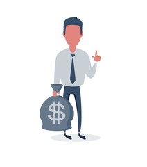 Rich businessman character hold bags full of money. Vector flat cartoon illustration