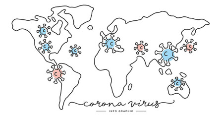 Corona virus handwritten line design world map draw info graphic white isolated background banner