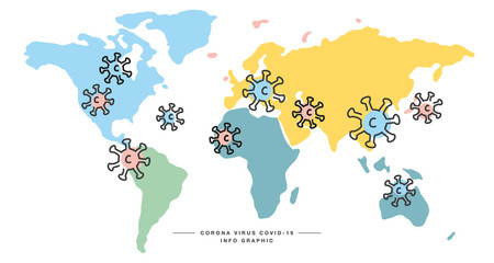 Corona virus handwritten line design colorful world map draw info graphic white isolated background banner