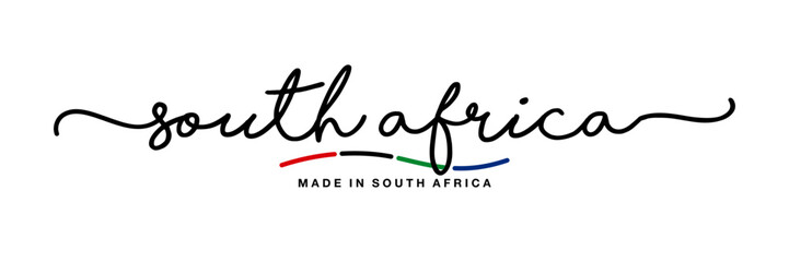 Made in South Africa handwritten calligraphic lettering logo sticker flag ribbon banner - obrazy, fototapety, plakaty