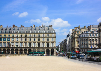 Facades of houses in a European town in summer - Paris, France 