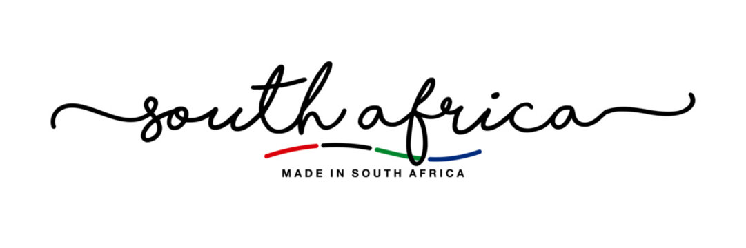 Made in South Africa handwritten calligraphic lettering logo sticker flag ribbon banner