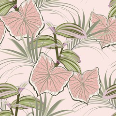 Seamless tropical pattern with bright colorful leaves and plants. Seamless exotic pattern with tropical plants. Exotic wallpaper. Trendy summer Hawaii print.