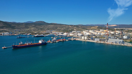 Aerial drone photo of industrial area of Elefsina, refinery and petroleum plant, Attica, Greece