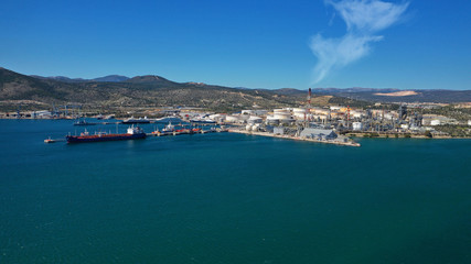 Aerial drone photo of industrial area of Elefsina, refinery and petroleum plant, Attica, Greece