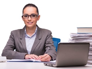 Young businesswoman in office isolated on white