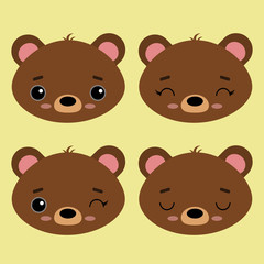 Set of cute vector illustration of a brown bear. Emotional animals isolated on a light yellow background. Design for children, poster, print on fabric, greeting card.