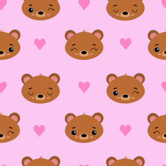 Obraz premium Seamless vector pattern with brown bears and hearts. Cute emotional animals on a pink background. For printing on fabric, wallpaper, baby products, holiday cards.