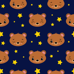 Seamless vector pattern with brown bears and stars. Cute emotional animals on a blue background. For printing on fabric, wallpaper, baby products, holiday cards.