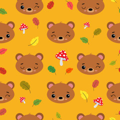 Seamless vector pattern with cute emotional bears. Wild animals on the background of autumn leaves and mushrooms. Autumn decor elements. For printing on fabric, wallpaper, postcards and baby products.