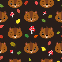 Seamless vector pattern with cute emotional beavers. Wild animals on the background of autumn leaves and mushrooms. Autumn decor elements. For printing on fabric, wallpaper, postcards and baby product