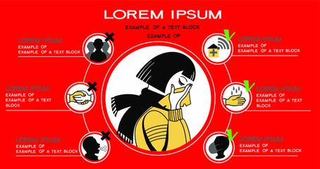 Coronavirus prevention infographics. Cover your nose when coughing and sneezing. Avoid crowded places. Do not greet by the hand. Wear a mask, wash your hands, avoid crowded areas, consult a doctor if 