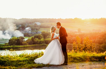 Adorable newlyweds holding hands at sunset.