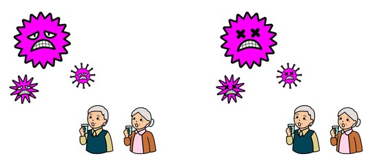 病気の予防のためにうがいをする高齢者とウイルス