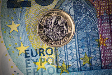 £1 coin on Euro bank note close up