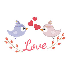 Greeting card two loving birds and red hearts.