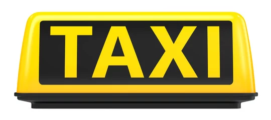 Foto op Plexiglas 3d rendering Illustration of New York City style taxi sign for cab Isolated on white background. Front view of Yellow Taxi sign on automobile roof. © www3d
