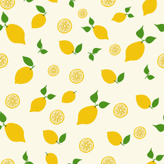 Seamless vector hand drawn pattern with lemon, lemon slice and leaves. It can be use for fabric, packaging, labels, wrapping paper or background.