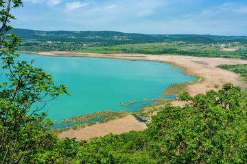 Arial panoramic view of Lake Balaton hungarian landscape with reed bed