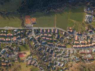 Aerial view of rural town in Switzerland in winter time