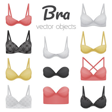 Collection of bras. Women's underwear icons. Cartoon style. Vector illustration. Isolated on white. Object for packaging, advertisements, menu.