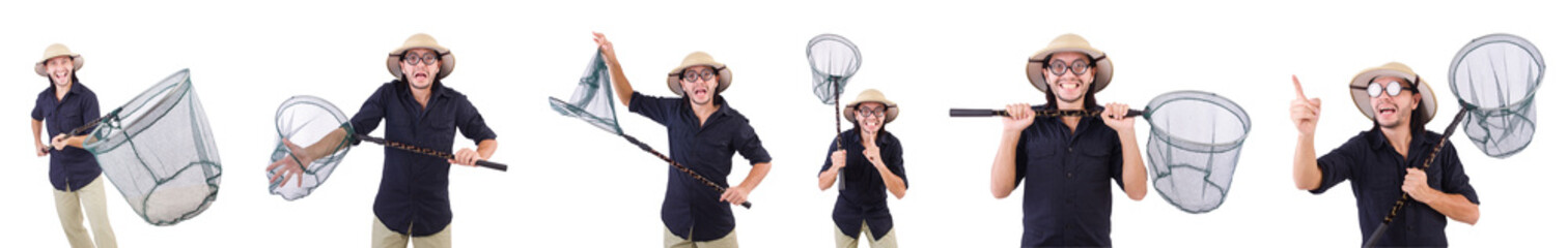 Funny guy with catching net on white © Elnur