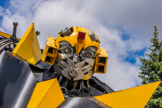 MOSCOW,RUSSIA - JUNE 04, 2017 : The Replica of Bumblebee robot made from iron. Museum of the Robots revolt
