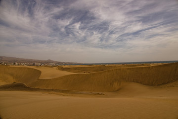 Fototapeta na wymiar summer desert landscape on a warm sunny day from Maspalomas dunes on the Spanish island of Gran Canaria