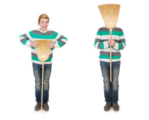 Funny man with mop isolated on white