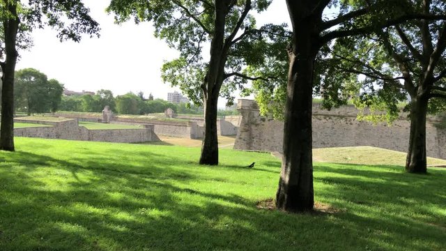 The ancient stone citadel of Pamplona with its green park, Spain, in a sunny day.
