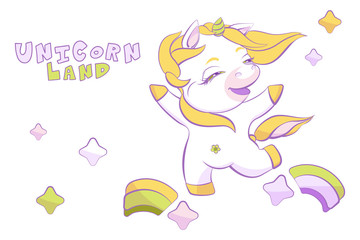 Cute little white unicorn is skipping on the rainbow