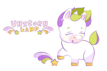 Cute little white unicorn pounding a hoof with shooting star