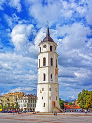 Fototapeta na wymiar Bell tower at Cathedral Square in Old town of Vilnius