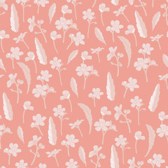 Vector floral seamless pattern with beige forget me not flowers, leaves on coral background