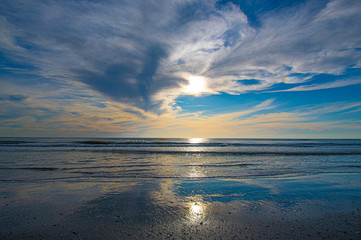 Blue Sunset Seascape Beach Waves Cloudy Sky