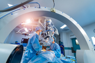 Modern automated medical device. Surgical room in hospital with robotic technology equipment,...