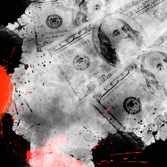 Dollars collage red and black background. Financial crisis, mortgage bankrupt